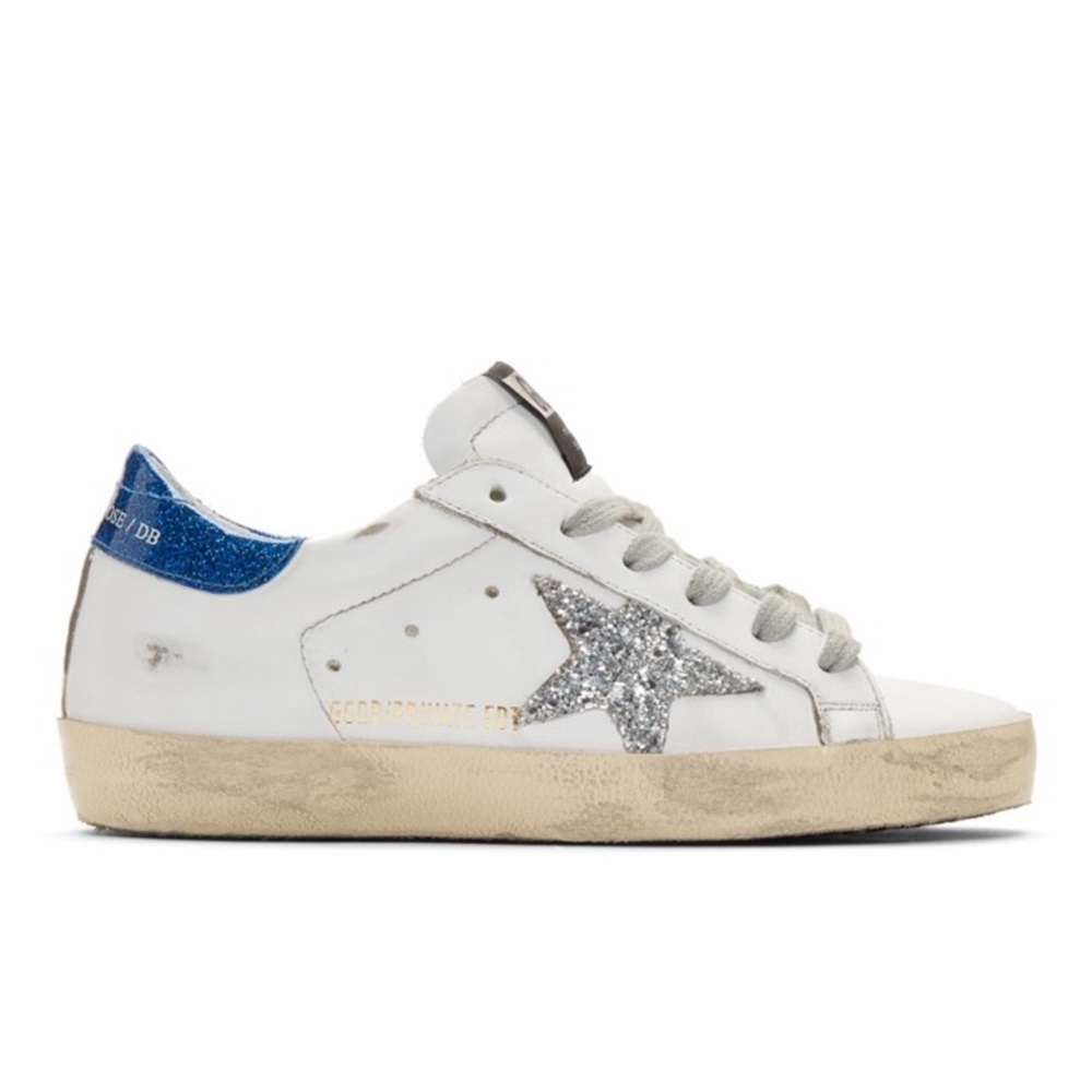 Golden Goose/SSENSE Exclusive White/Blue Glitter Superstar Sneakers